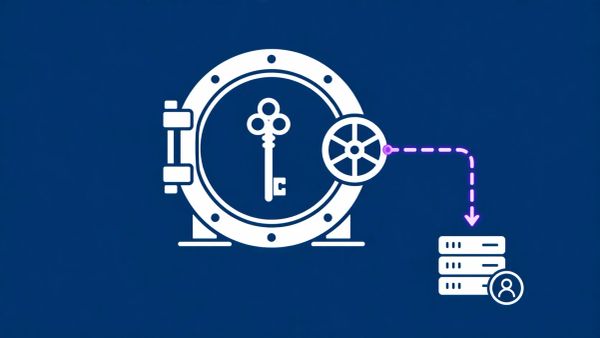 Minimalist flat vector illustration: a bank vault icon with a neon purple dashed line from a vendor server icon on a blue background.