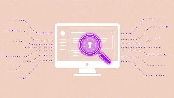 Minimalist flat vector illustration: a desktop computer icon with a neon purple magnifying glass investigating a keyhole on a tan background.