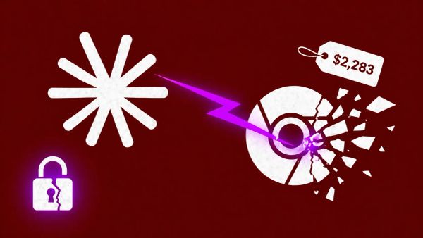 Minimalist vector art of the Claude AI logo striking a shattering Chrome logo with a purple lightning bolt and a $2,283 price tag.