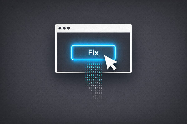 Flat vector art on a charcoal grey background. A browser window with a glowing blue 'Fix' button is being targeted by a cursor, with binary code leaking out.