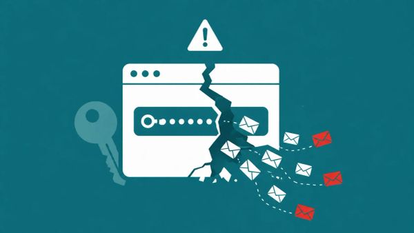 Cracked browser window exposing API key with email icons leaking outward, representing ClickUp hardcoded API key flaw exposing enterprise and government data.