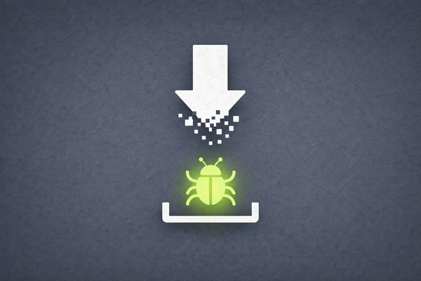 Flat vector art on a slate grey background. A white download arrow is shattered into pixels above a neon green malware icon.