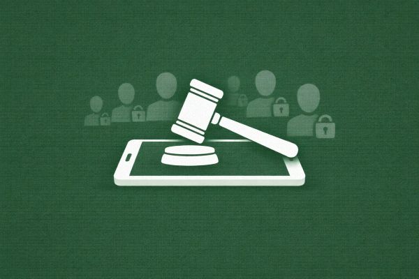 Minimalist vector art of a gavel and smartphone on a green background, representing the DraftKings hacking sentence.