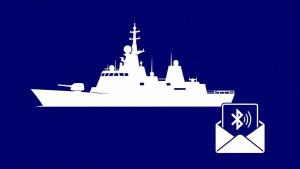 Minimalist white line art of a military frigate silhouette with a white Bluetooth icon inside a postcard envelope overlaid in the corner, on a solid navy blue background.