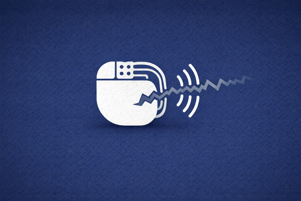 Minimalist vector art of a pacemaker with a compromised signal on a midnight blue background, symbolizing the EBR Systems cyber incident.
