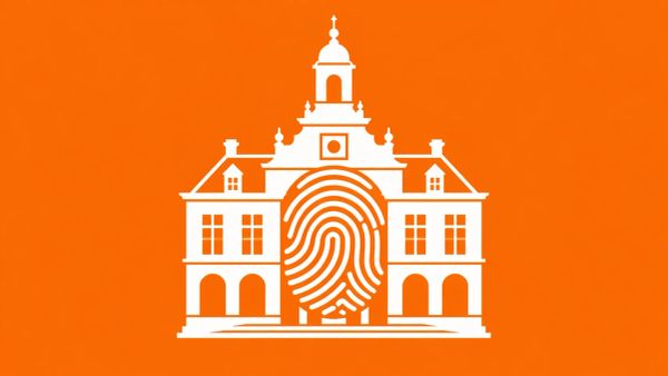 Minimalist white line art of a Dutch-style town hall silhouette with a white fingerprint icon overlaid on the center, on a solid orange background.