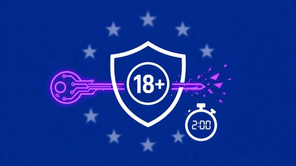 Minimalist flat vector illustration: a white shield with "18+" being pierced by a neon purple digital key on a blue background, next to a stopwatch.