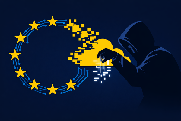 Editorial illustration of the EU circle of stars as a digital circuit with a glitching cloud icon, symbolizing the unauthorized access to the European Commission's cloud systems.