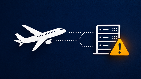 Flat vector art on a navy blue background. An airplane icon is connected to a server icon that is marked with an amber warning triangle, representing FAA cybersecurity risks.