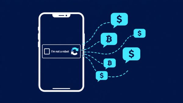 Minimalist vector illustration on Deep Indigo: A smartphone displaying a fake "I am not a robot" check with money icons leaking from the text bubbles.