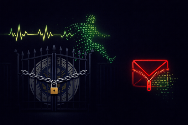 Editorial illustration of a federal seal behind a chained gate with digital pulses jumping the perimeter, symbolizing an Iranian-linked data leak targeting the FBI during a DHS shutdown.