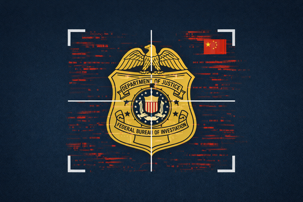 Editorial illustration of an FBI badge under a digital viewfinder with red code and a China flag icon, symbolizing the major cyber incident involving suspected state-sponsored hackers.