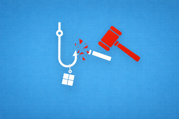 Minimalist vector art of a fishing hook being broken by a red gavel, representing the FBI takedown of the W3LL phishing network.
