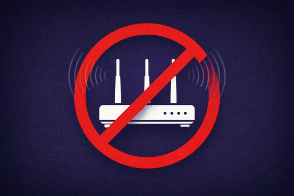 Flat vector illustration on a deep navy background. A white wireless router icon is centered behind a bold red prohibition symbol, with stylized signal waves being visually blocked.