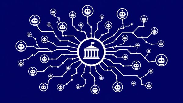 Minimalist white line art of a central circuit node expanding into dozens of smaller, chaotic autonomous nodes, overlaid on a solid Navy Blue background.
