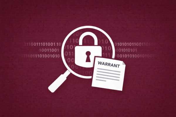 Minimalist vector art of a padlock and magnifying glass on a maroon background, representing the FISA surveillance debate.