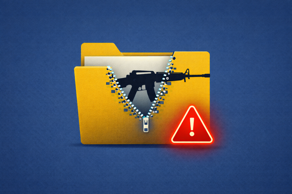 Editorial illustration of a rifle silhouette inside a torn digital folder on a blue background, representing the French government weapons registry cyberattack and data exposure.