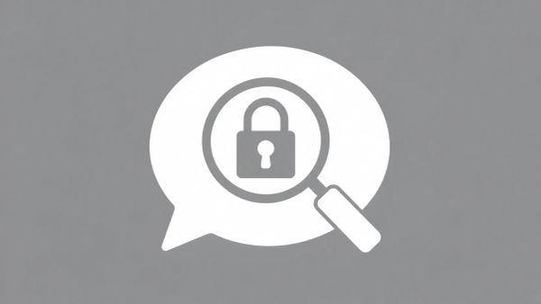 Minimalist white line art on a gray background showing a speech bubble containing a padlock and a stylized magnifying glass, symbolizing the espionage probe into secure messaging.