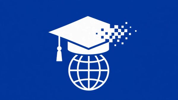 Minimalist white line art of a graduation cap with a digital "glitch" effect, positioned above a globe, on a solid cobalt blue background.
