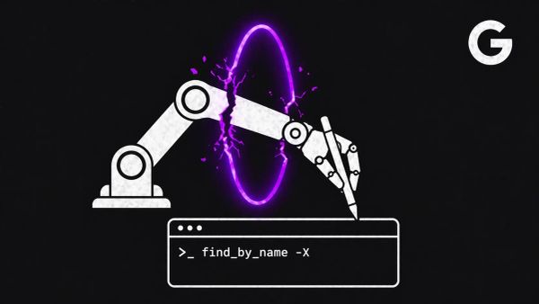 Minimalist vector art of a robot arm breaking through a purple security sandbox on a dark charcoal background.