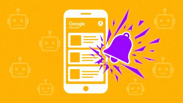 Minimalist flat vector illustration: a white smartphone showing a news feed with a neon purple notification bell icon bursting out on an amber orange background.