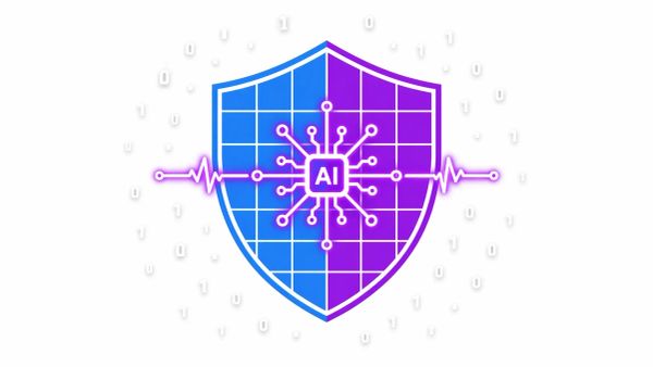 Minimalist flat vector illustration: a Google/Wiz dual-colored shield with a neon purple AI neural pulse on a white background.