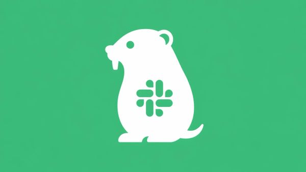 Minimalist white line art of a stylized gopher silhouette with a white Slack logo inside its chest, overlaid on a solid emerald green background.