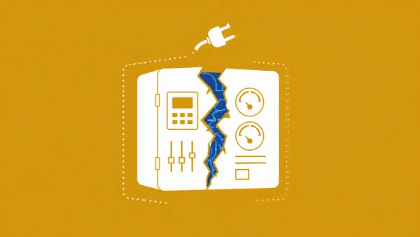 Cracked industrial control system panel with fading outline and exposed data lines, representing GrassMarlin vulnerability in end-of-life OT tool with no available patch
