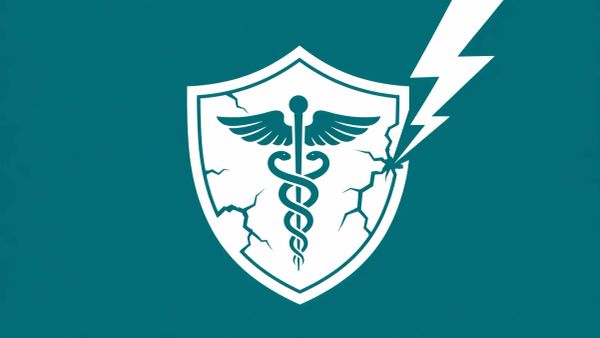 Minimalist white line art of a medical caduceus inside a digital shield being struck by a lightning bolt, overlaid on a solid Teal background.