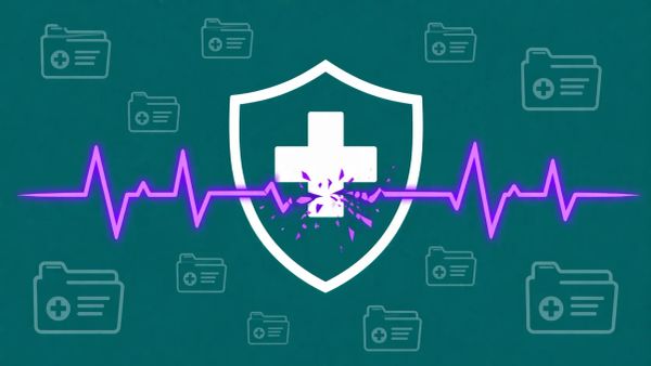 Minimalist flat vector illustration: a white medical shield icon with a neon purple EKG line that shatters in the center on a teal background.
