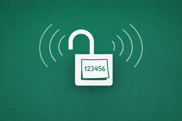 Minimalist vector art on a green background. An open white padlock with a post-it note showing "123456," signifying a weak password breach.