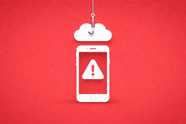 Minimalist vector art of an iPhone with a warning and a cloud on a hook, symbolizing the iCloud phishing scam.
