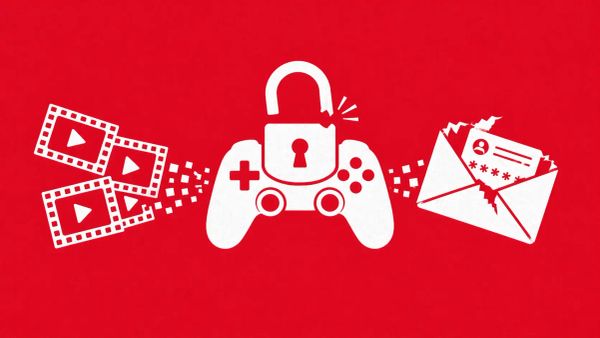 Minimalist vector art of a game controller and open padlock on a crimson background, representing the IGRS data breach.