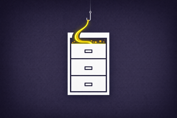 Flat vector illustration on navy blue. A white file cabinet has an electric yellow line representing sensitive legal data being pulled up by a grey hook.