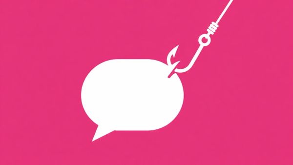 Minimalist white line art of a speech bubble silhouette with a digital fishing hook snagged on the corner, overlaid on a solid Pink background.