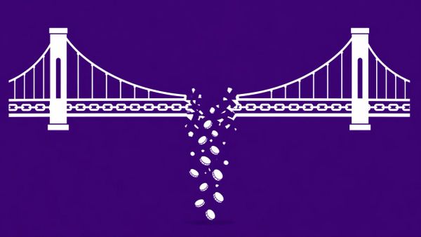 Minimalist white line art of a chain link bridge breaking in the center with multiple smaller nodes falling away, overlaid on a solid Dark Violet background.