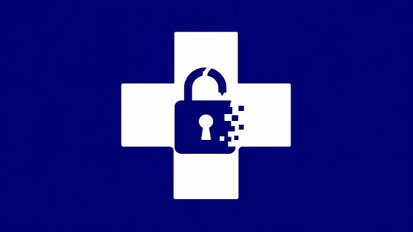 Minimalist white line art of a medical cross silhouette with a digital padlock icon centered inside, overlaid on a solid Deep Navy background.