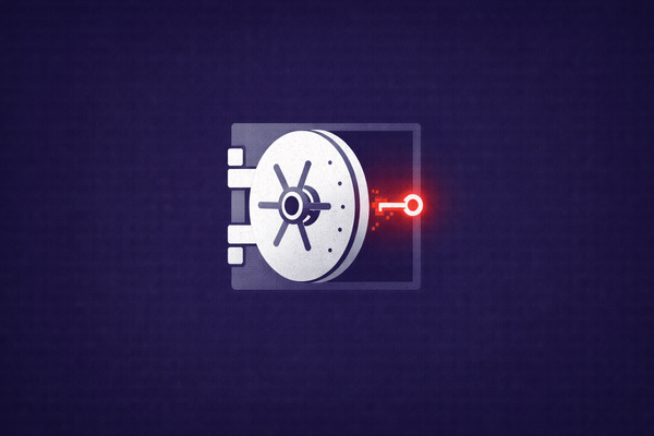 Minimalist vector art of a navy blue vault door slightly open with a red digital key, representing the Kraken insider threat.