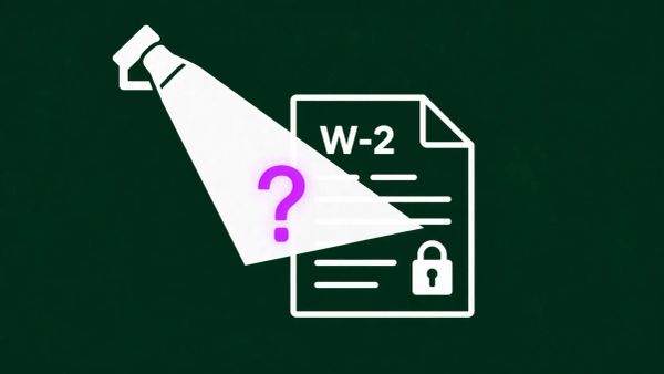 A minimalist white line art document icon with a padlock being scanned by a geometric searchlight on a solid deep forest green background.