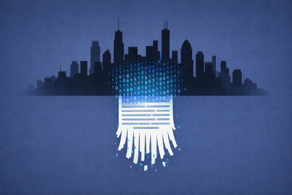 A digital illustration featuring a dark city skyline silhouette where a waterfall of binary code transforms into a shredded document, symbolizing the LAPD data leak.