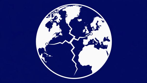 Minimalist white line art of a globe with a "cracked" texture through the Atlantic, overlaid on a solid Navy Blue background.