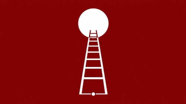Minimalist white art on crimson showing a ladder with a dot at the base ascending into a solid circle, representing local privilege escalation from user to root.