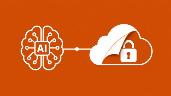 White line art on burnt orange: stylized AI brain connects to an unmasked cloud, symbolizing SSRF attack on cloud metadata.