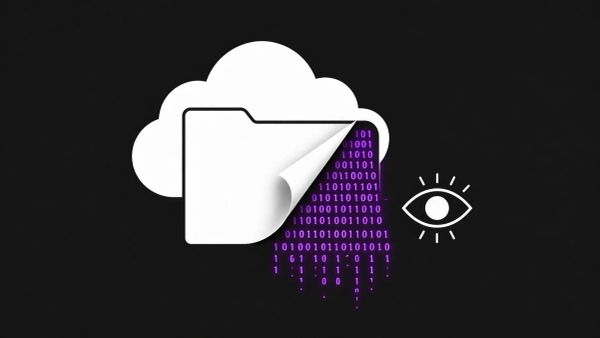Minimalist flat vector illustration: a white cloud folder icon with neon purple binary code leaking on a charcoal background.