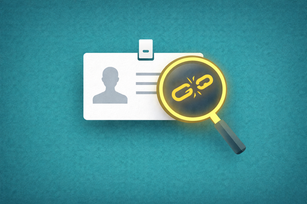 Flat vector art on a textured teal background. A white ID badge icon is center-stage, overlapped by a magnifying glass showing a broken link, symbolizing identity theft and supply chain risk.