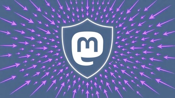 Minimalist flat vector illustration: a white Mastodon tusk icon being swarmed by neon purple arrowheads from all sides on a slate blue background.
