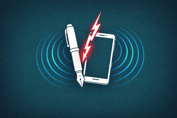 Flat vector illustration on a deep teal background. A white fountain pen and smartphone icon are struck by a jagged red lightning bolt with blue signal rings.