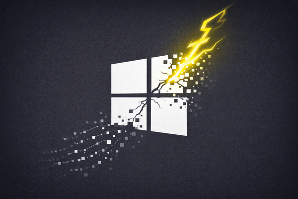 Flat vector illustration on a deep charcoal background. A white Windows logo is struck by a yellow lightning bolt, shattering it into pixels and data tokens that drift away. Paper texture.