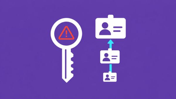 Minimalist flat vector on Royal Purple background: A white key icon with a red warning triangle inside the handle.