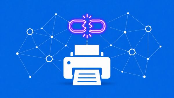 Minimalist flat vector illustration: a white printer icon with a neon purple broken link on a Microsoft Blue background.